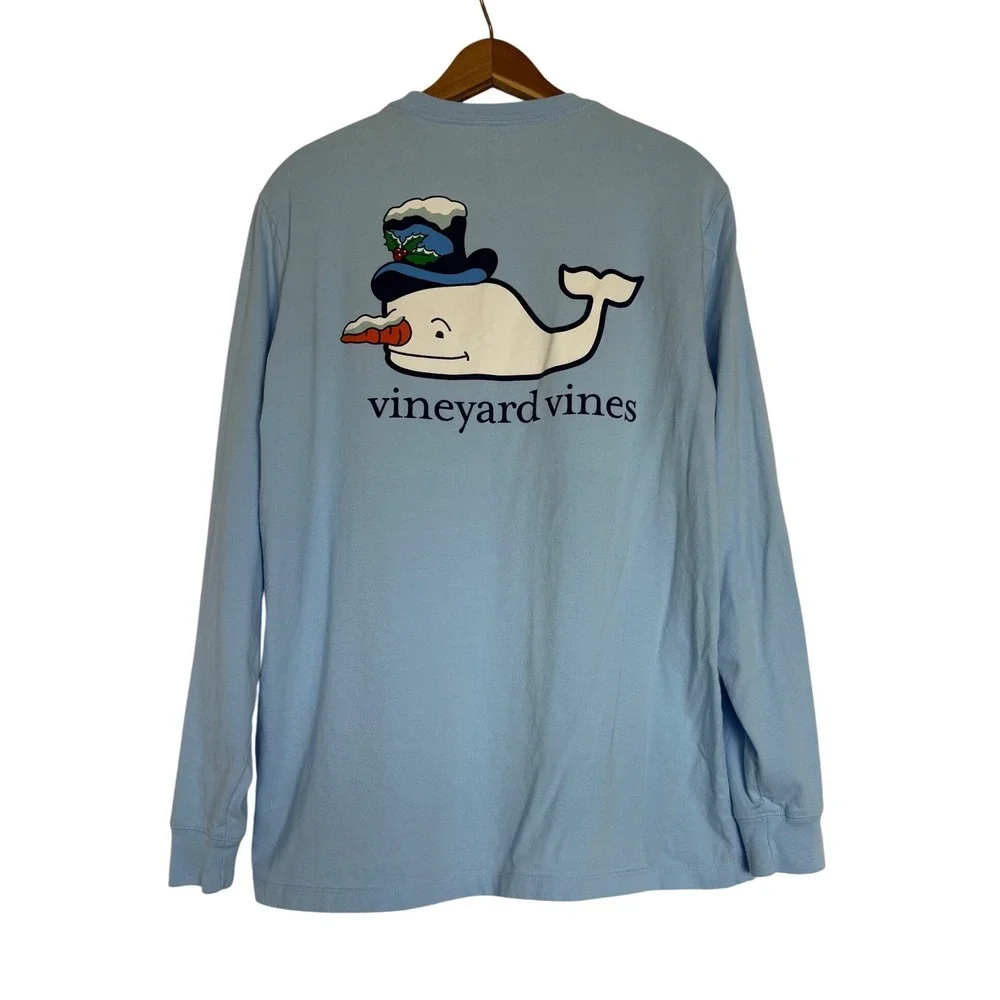 Vineyard Vines Mens Snowman Whale‎ Long Sleeve Pocket T-Shirt Blue M Holiday